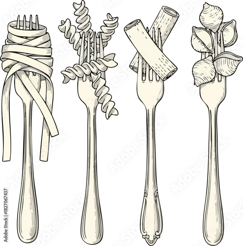 Hand-drawn vector illustration depicting a delightful selection of Italian pasta varieties on vintage forks, perfect for food design and culinary themes