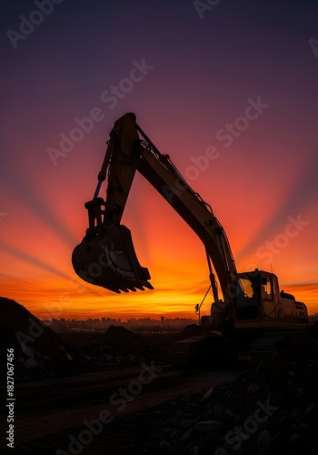 Majestic excavator at sunset captures construction themes and industrial beauty in evening landscape