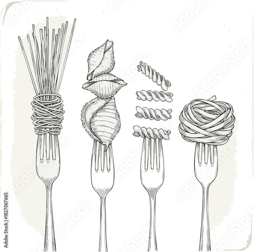 Pasta varieties on forks, a black and white illustration of different pasta types, ready to serve
