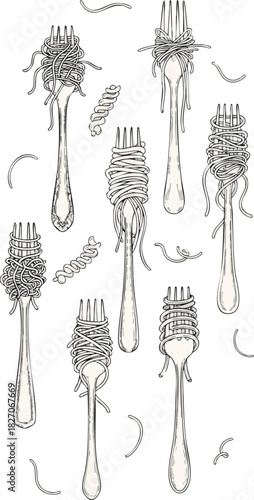 Elegant monochrome illustration featuring multiple forks, each artfully twirling different pasta types like spaghetti and fusilli, perfect for vintage culinary and food-themed designs