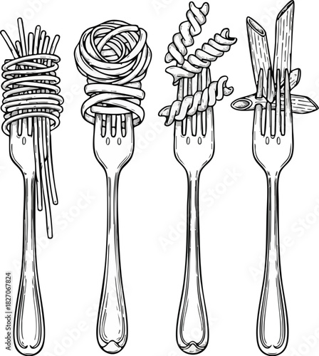 Monochrome illustration of four forks, each holding Italian pasta. Hand-drawn spaghetti, tagliatelle, fusilli, penne for culinary designs and restaurant themes
