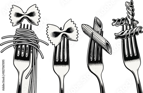 Monochromatic illustration of four forks with varied Italian pasta farfalle, penne, spaghetti, fusilli. Detailed graphic art for food projects