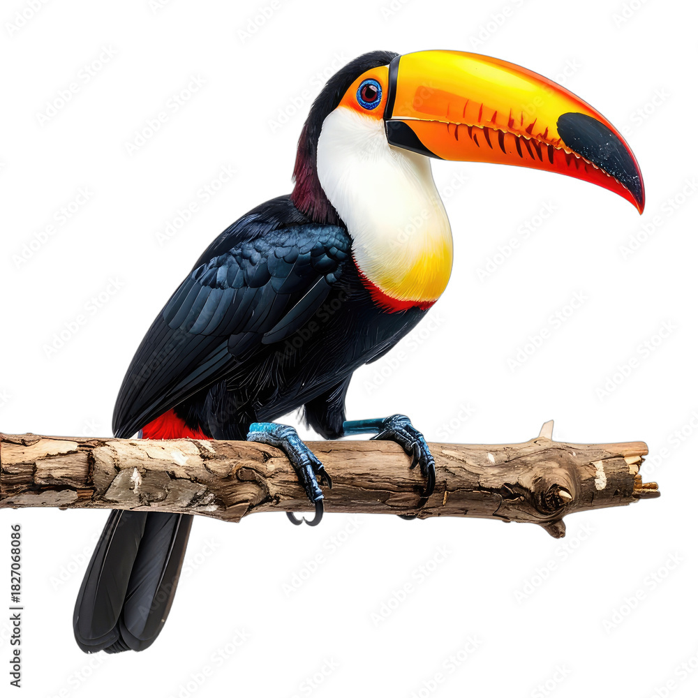 Naklejka premium Vibrant Toucan with Bright Beak Perched on a Branch Against Black Background