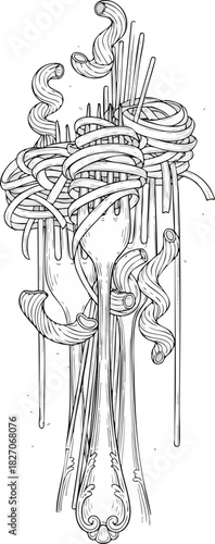 Elegant monochrome illustration featuring intricately tangled spaghetti and corkscrew pasta on an ornate vintage fork, depicting classic culinary artistry with detailed line work