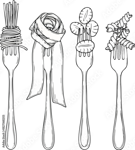 Hand-drawn sketch of four forks with various types of pasta and sliced fruit, showcasing a rustic culinary theme