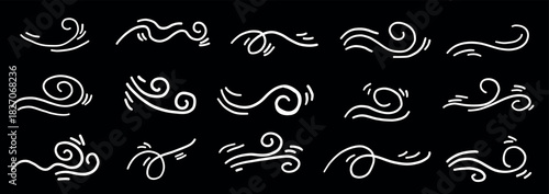 Wind line doodles illustrate breezy air motion with swirling effects. Vector icons depict flowing winter gusts, and ornamental cold weather elements in sketch style.