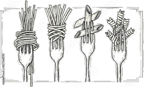 Pasta Variety on Forks A Detailed Illustration of Different Noodle Types for Culinary Design