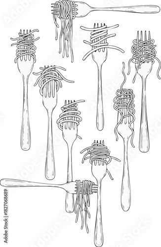Hand-Drawn Illustration of Spaghetti Entangled on Numerous Forks, Offering a Whimsical and Artistic Culinary Scene