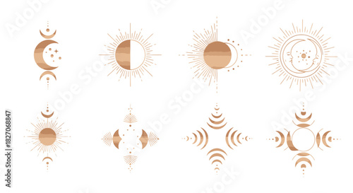 Celestial Symbols - Moon Phases, Sunbursts, and Geometric Designs.