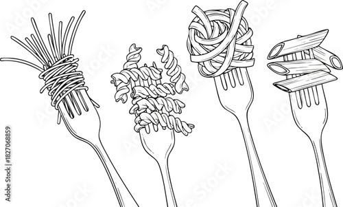 Hand-drawn sketch illustration of four forks, each holding a different type of Italian pasta like spaghetti, fusilli, and penne
