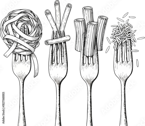 A detailed black and white illustration of assorted Italian pasta types, such as rigatoni and tagliatelle, presented on forks