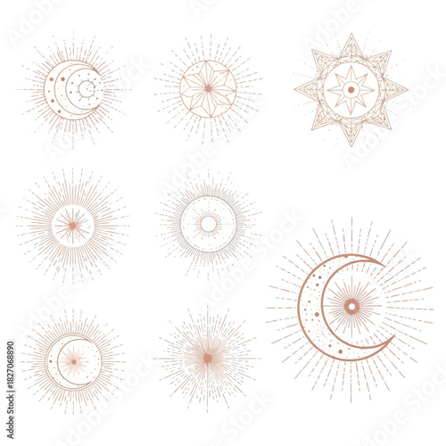 Celestial Symbols - Moon, Sun, and Stars in Mystical Designs.