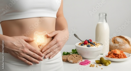 Healthy digestive system concept with nutrient-rich foods and woman highlighting intestines