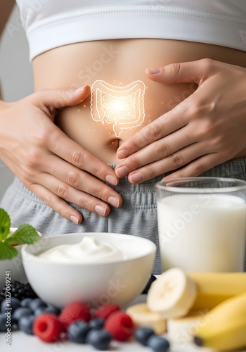 Gut health and nutrition concept with dairy and fruits for healthy digestion and lifestyle choices in 2023