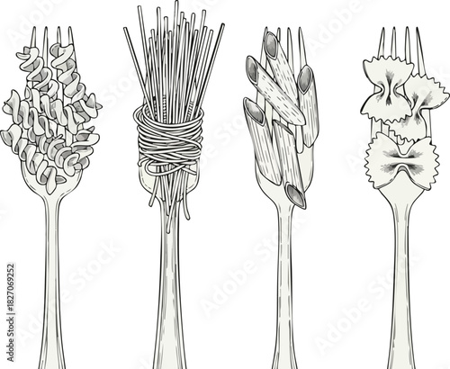 Fork Medley An Illustration of Various Pasta Types on Forks