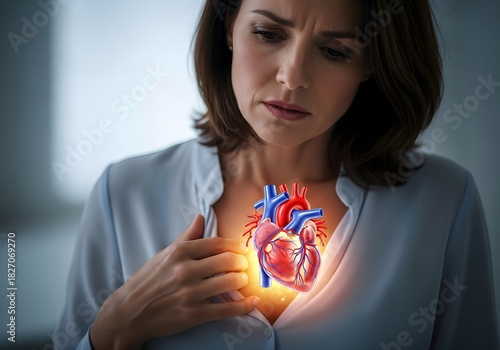 Concerned woman experiencing heart issues with medical visualization of cardiovascular system for health awareness campaign