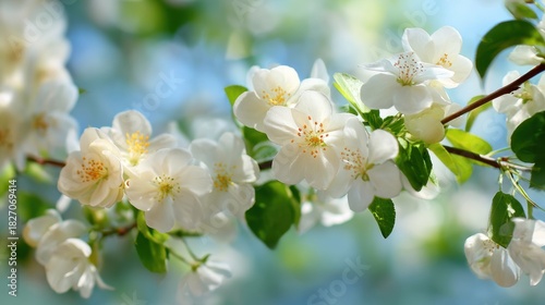 White flowers with delicate petals flourish on branches against a soft blue background during spring. The scene conveys tranquility and the beauty of nature in full bloom.