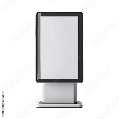 A modern, vertical digital display kiosk mockup with a blank white screen against a black background.