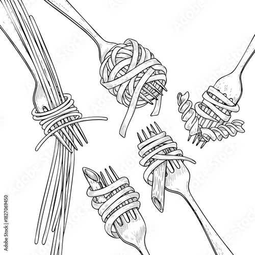 Whimsical Pasta Portraits An Illustration of Various Pasta Types Twirled on Forks