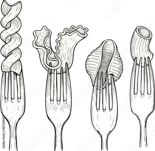 A collection of different types of pasta speared on forks, presented in a hand-drawn illustration style