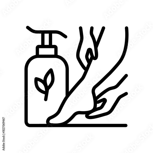 Foot cream, Foot hygiene, Healthy feet, Foot treatment, Podiatrist, Podiatry icons, Pedicure, Massage foot outline icon. Outline vector illustration.
