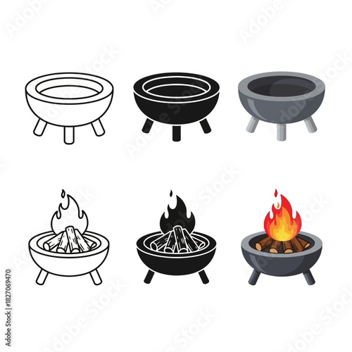Fire Pit Illustrations - Empty, Black Silhouette, and with Burning Fire.