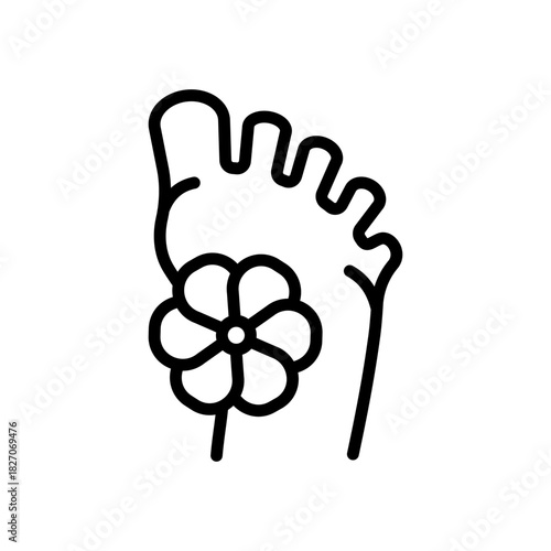 Foot and flower outline icon. Foot hygiene, Healthy feet, Foot treatment, Podiatrist, Podiatry, Pedicure, Foot care, Massage foot, Organic cosmetics symbol. Vector isolated illustration.