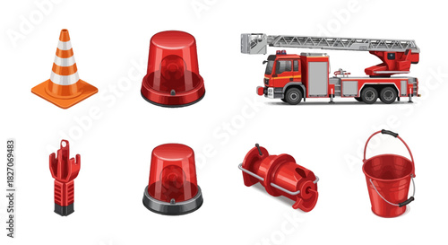 Fire Safety Equipment - Cones, Lights, Truck, and Tools for Emergency Response.