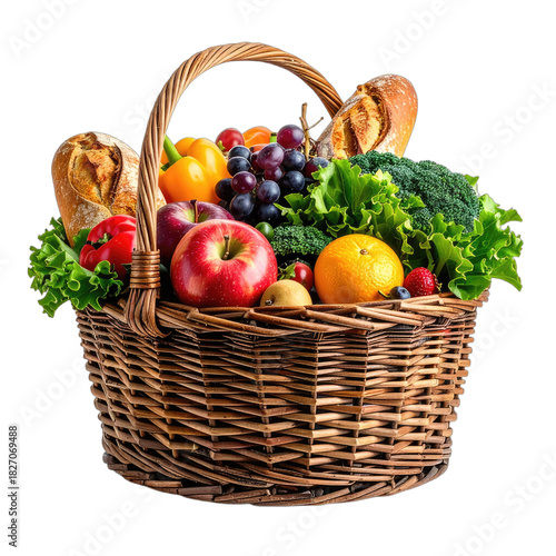 A bountiful harvest basket filled with fresh fruits, vegetables, and artisan bread against a stark black background.