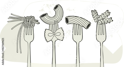 A delightful hand-drawn illustration showcasing various pasta shapes artfully arranged on forks, celebrating the art of Italian cuisine and culinary creativity