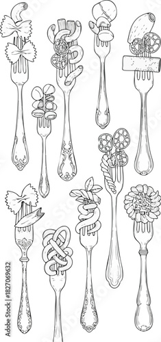 A hand-drawn vintage illustration set of various Italian pasta types including farfalle, fusilli, and ravioli elegantly presented on ornate forks