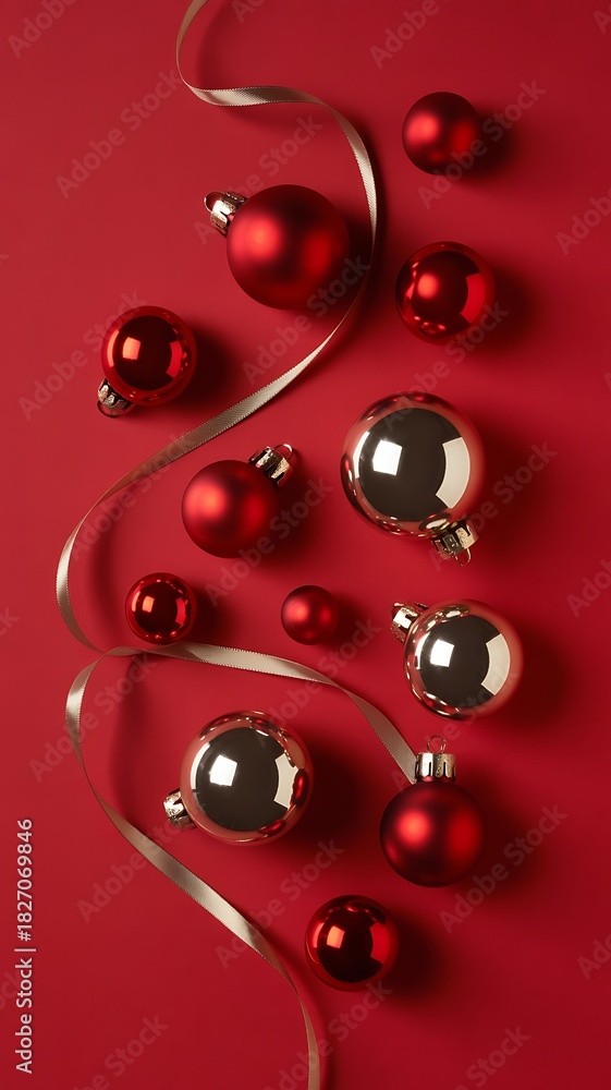 Fototapeta premium Festive Red and Gold Christmas Ornaments with Ribbon