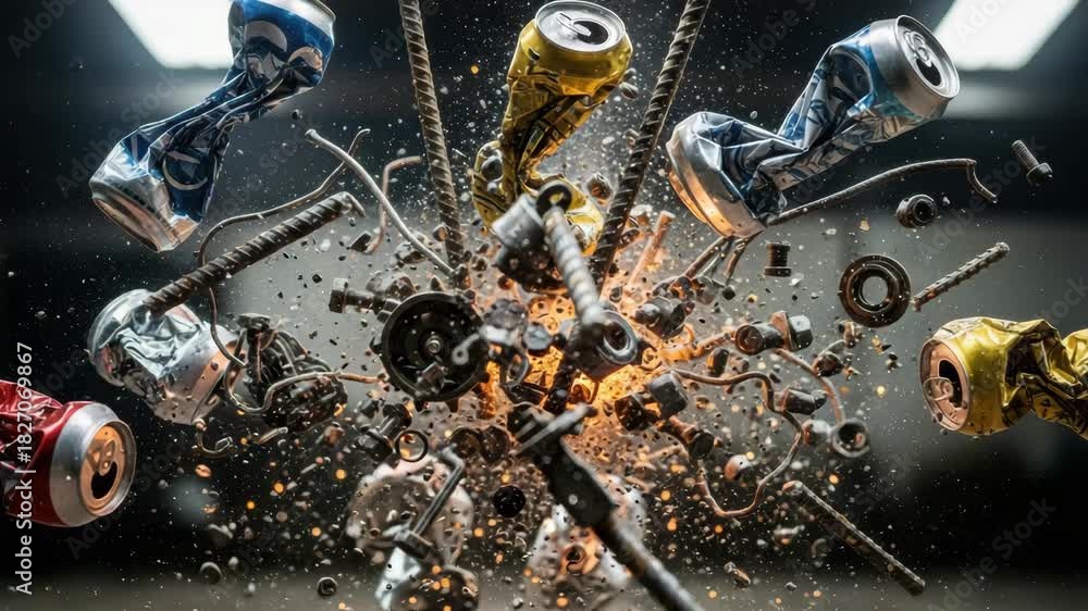 Scrap Metal Exploding Vídeo do Stock: Explosion of crushed soda cans and scrap metal parts in ...