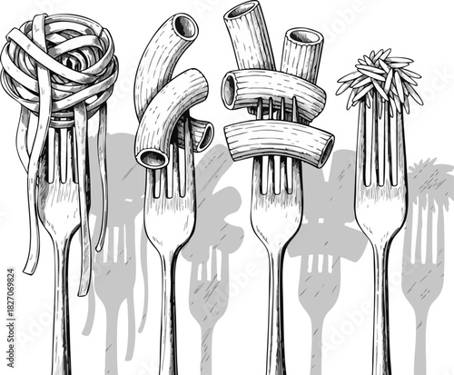 A vintage-style sketch illustration showcasing a variety of Italian pasta shapes elegantly displayed on individual forks against a clean white background
