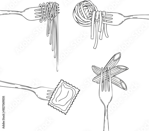 Collection of Forks Holding Different Types of Pasta in a Minimalist Line Art Style