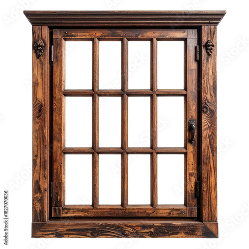 A rustic, dark wooden window frame with multiple panes set against a black background.