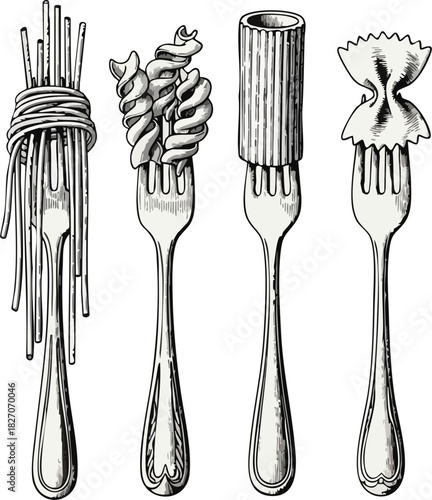 A Variety of Pasta Types Presented on Forks, Detailed Illustration