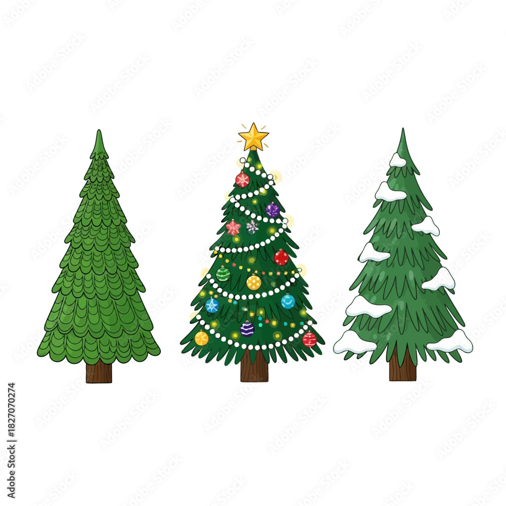 Fototapeta premium Three Christmas Trees - Decorated, Snow-Covered, and Plain.