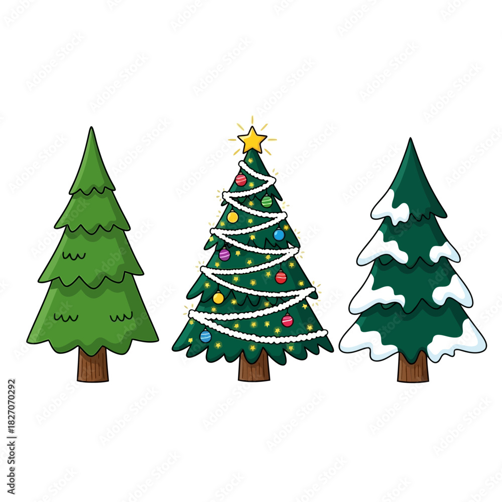 Fototapeta premium Three Christmas Trees - Decorated, Snowy, and Plain Green.
