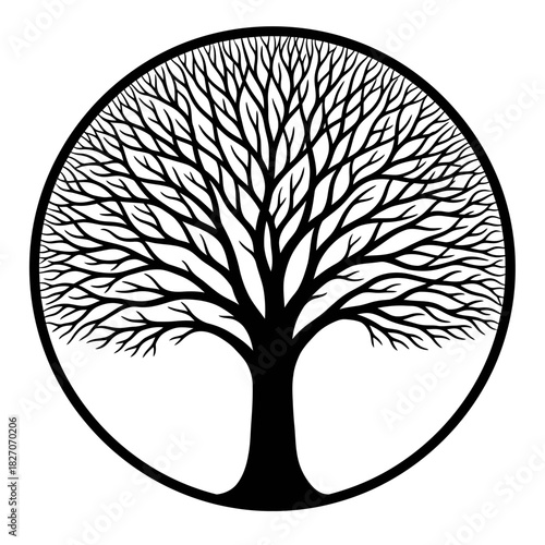 Stylized Tree of Life Silhouette in Circular Frame.