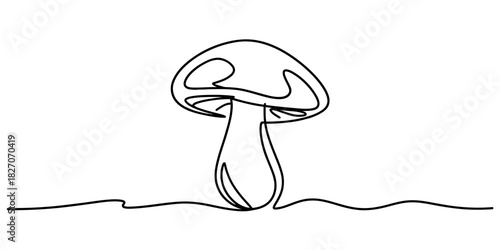 Simple continuous line art drawing of an elegant wild forest mushroom, representing natural growth, organic food, and delicate woodland nature on a clean white background. Vector, illustration