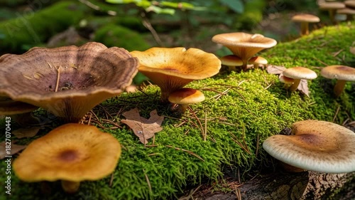 Wild mushrooms growing on a decaying log covered with vibrant green moss in an autumn forest. Panoramic closeup showing the detailed texture of various fungi in a natural woodland ecosystem