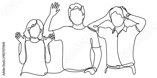 Continuous line art of three abstract people: two waving in greeting or farewell, one expressing exasperation, thought, or pleasant surprise Vector, illustration