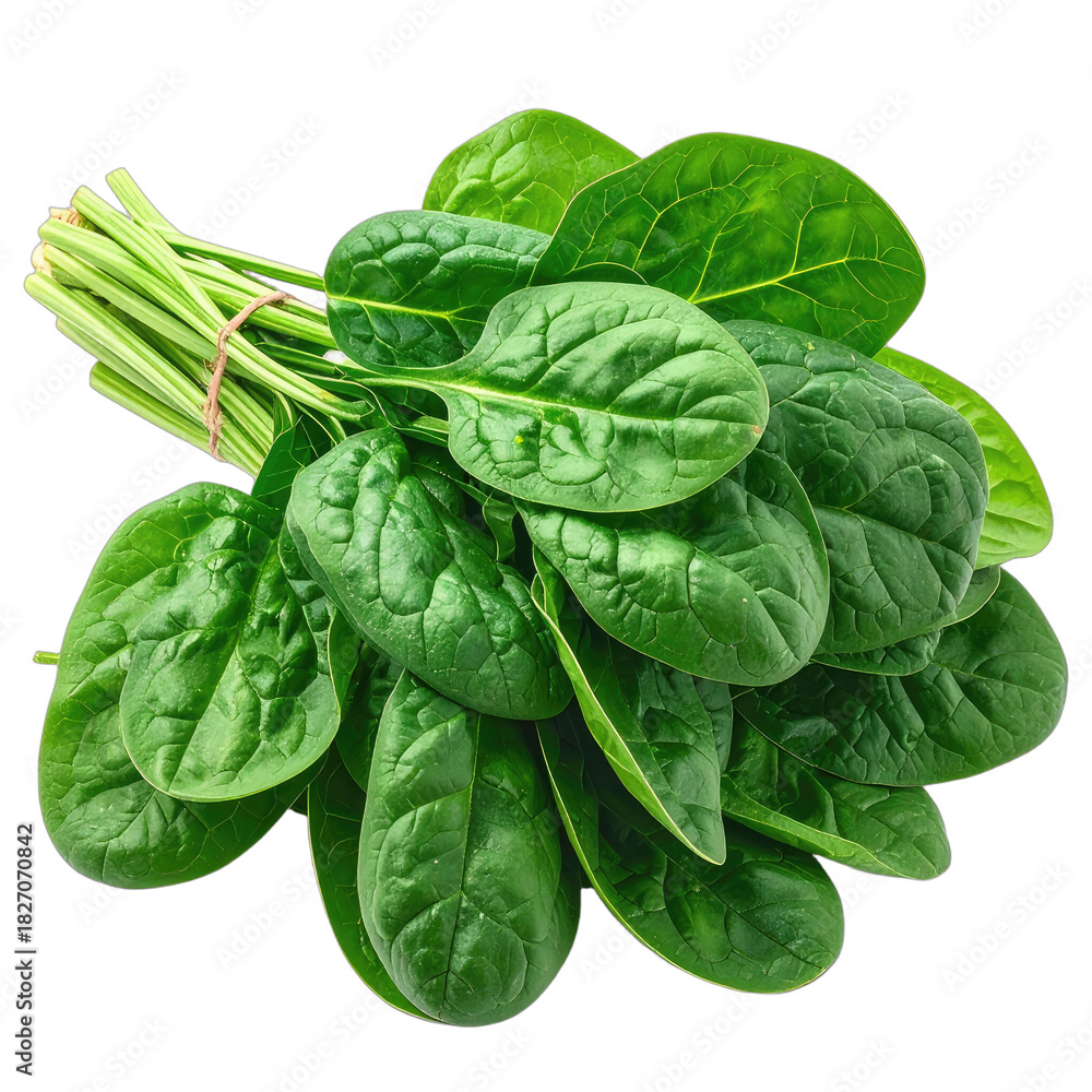 Fototapeta premium A fresh bunch of vibrant green spinach leaves tied together against a black background.