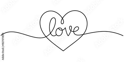 Continuous one line drawing of a heart with the word love inside, representing affection, romance, and emotional connection, isolated on a white background. Vector, illustration
