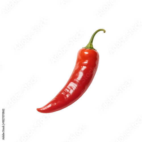 Fresh vibrant red chili pepper with green stem, isolated view.