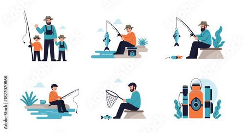 Collection of six flat illustration scenes depicting various fishing activities and equipment.
