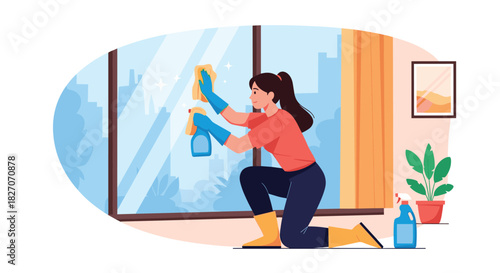 Young woman cleaning a large window with a spray bottle and cloth at home.