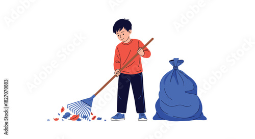 Young boy raking leaves into a garbage bag in the fall season.