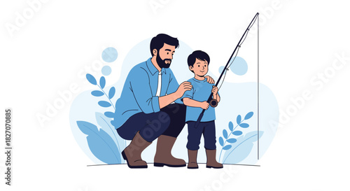 Father and son fishing together on a calm day with a fishing rod.